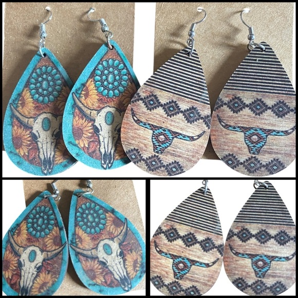 Accessories - 2 Pair Western Boho Teardrop Earrings with Turquoise and Brown Accents Cowgirl